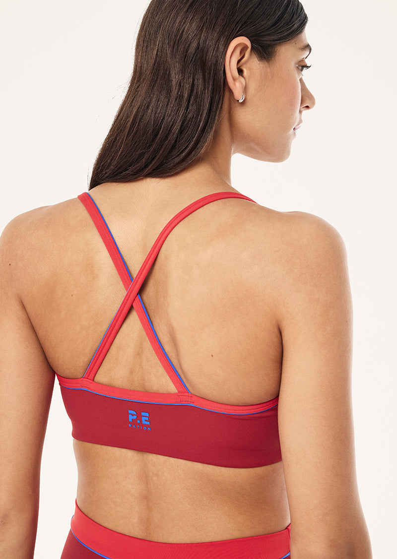 SPECTRUM SPORTS BRA IN CHERRY & STRAWBERRY BY P.E NATION, WOMEN'S PILATES SPORTS BRAS