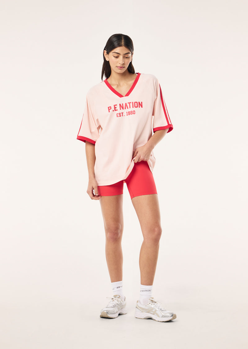 SPINOUT BASEBALL TEE IN SOFT PINK BY P.E NATION, WOMEN'S ATHLEISURE OVERSIZED TEE