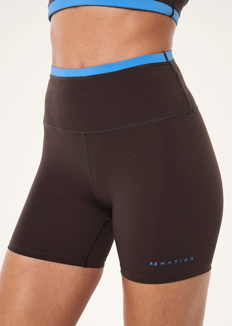 STELLAR 5" BIKE SHORT IN COFFEE & AMRINA BLUE BY P.E NATION, WOMEN'S ATHLEISURE BIKE SHORTS