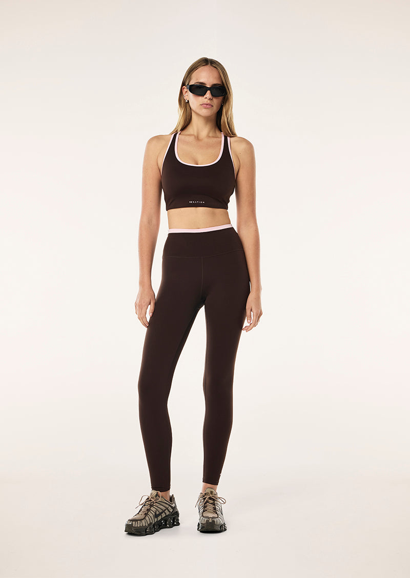 STELLAR SPORTS BRA IN ESPRESSO BY P.E NATION, WOMENS ACTIVE SPORTS BRA BROWN