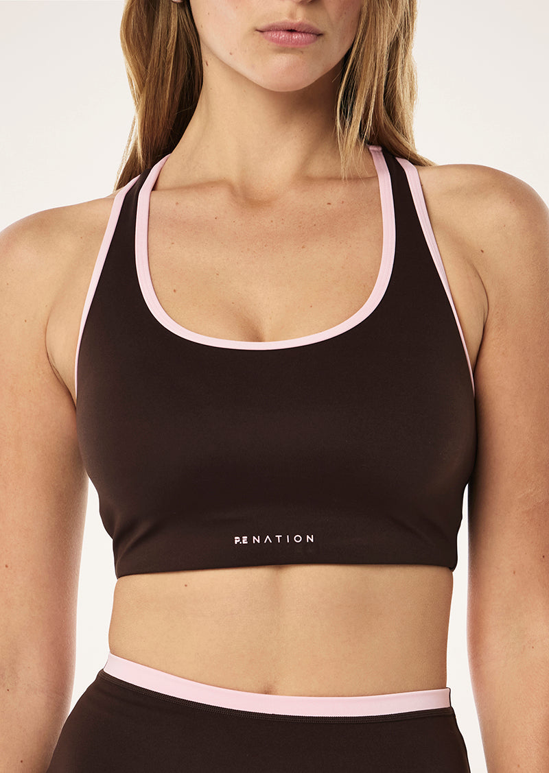 STELLAR SPORTS BRA IN ESPRESSO BY P.E NATION, WOMENS ACTIVE SPORTS BRA BROWN