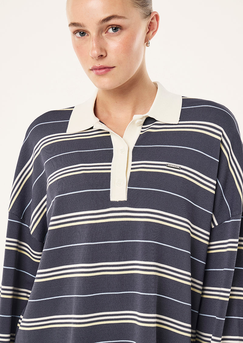 STRATA RUGBY KNIT IN MARINE BLUE STRIPE BY P.E NATION, WOMEN'S ATHLEISURE RUGBY SHIRT