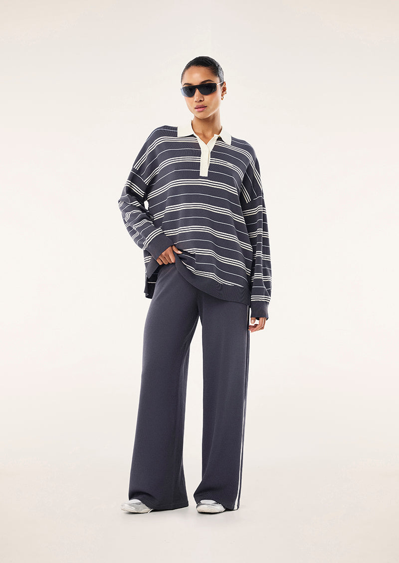 STRATA RUGBY KNIT IN MARINE BLUE STRIPE BY P.E NATION, WOMEN'S ATHLEISURE RUGBY SHIRT