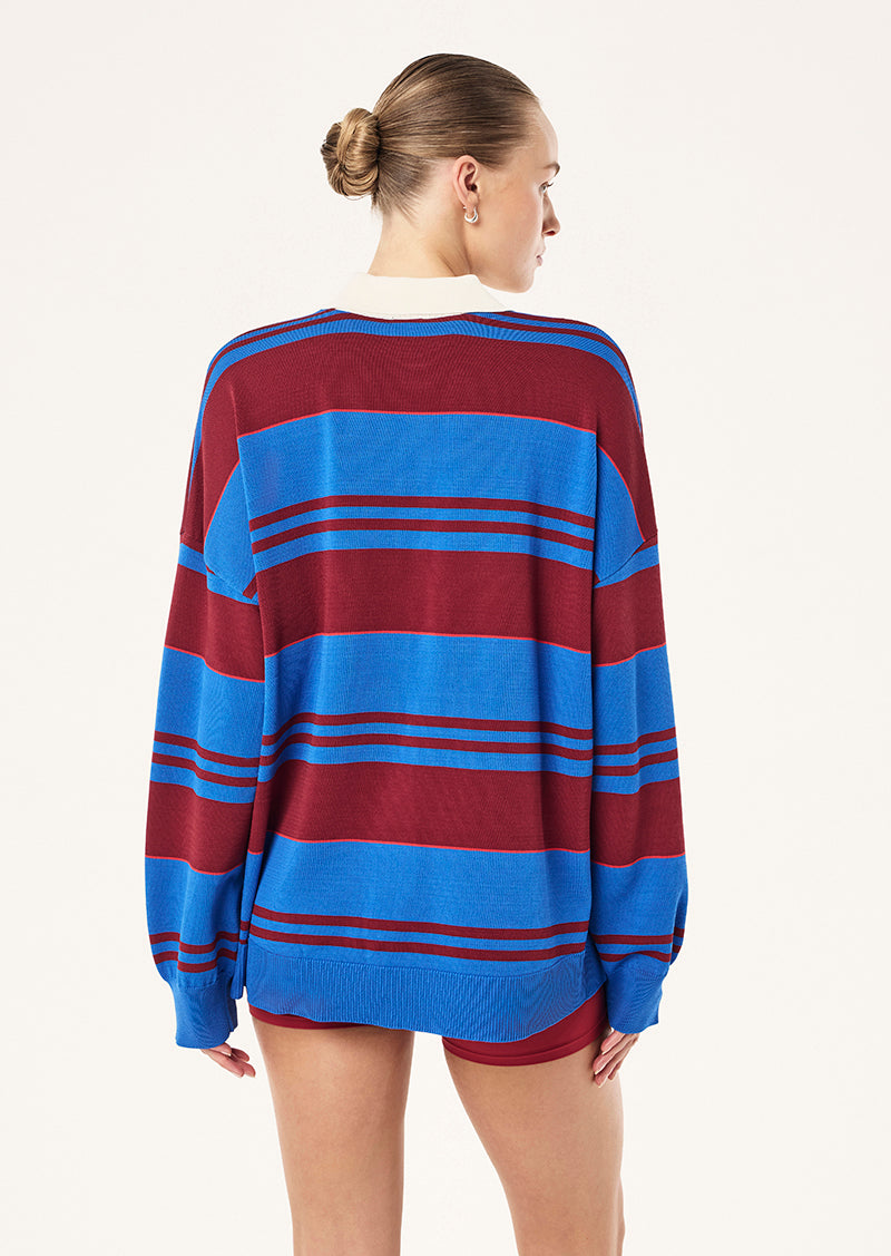 STRATA RUGBY KNIT IN PALACE BLUE STRIPE BY P.E NATION, WOMEN'S ATHLEISURE RUGBY SHIRTS