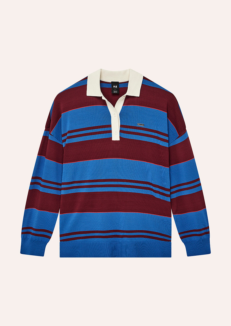 STRATA RUGBY KNIT IN PALACE BLUE STRIPE BY P.E NATION, WOMEN'S ATHLEISURE RUGBY SHIRTS