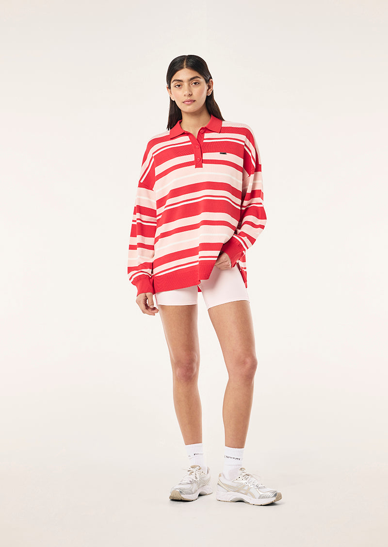 STRATA RUGBY KNIT IN STRAWBERRY STRIPE BY P.E NATION, WOMEN'S ATHLEISURE RUGBY SHIRTS