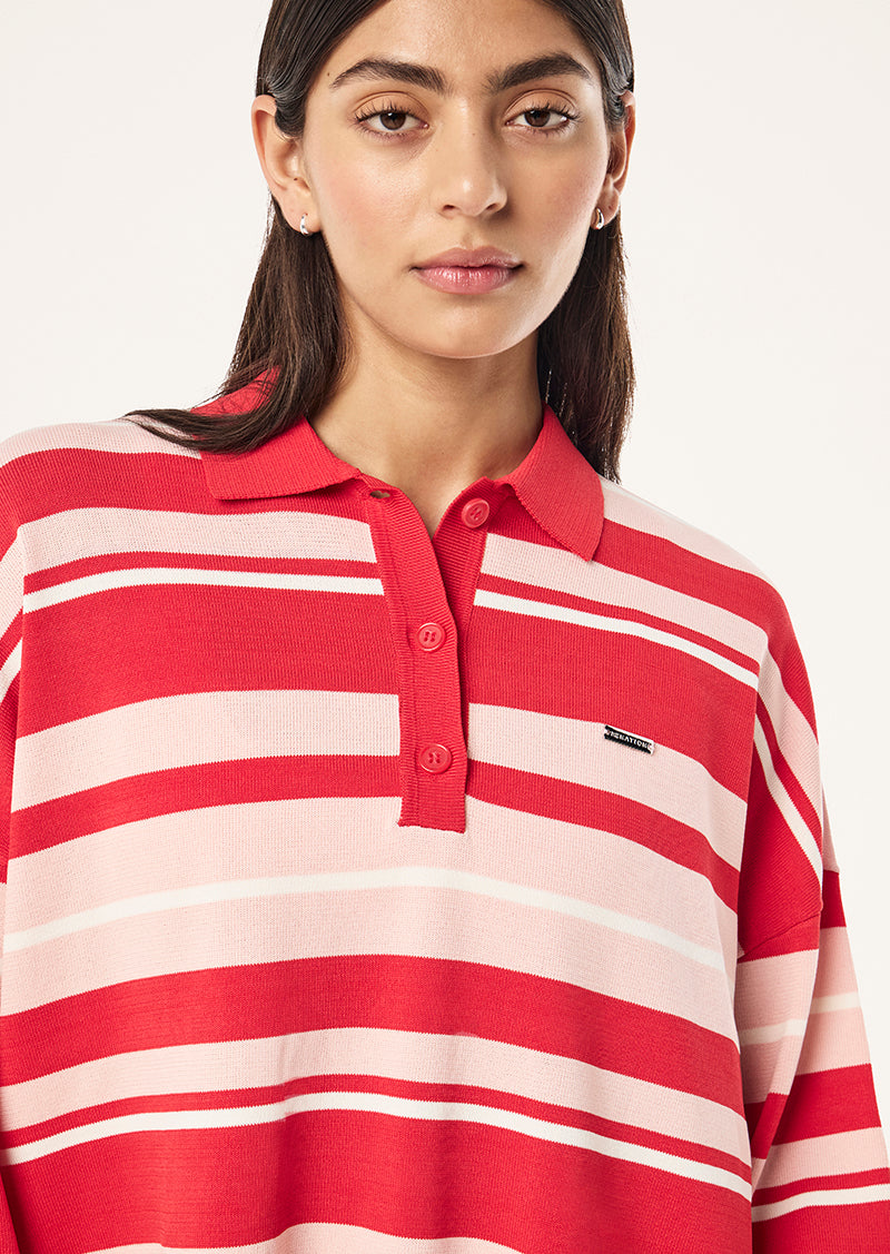 STRATA RUGBY KNIT IN STRAWBERRY STRIPE BY P.E NATION, WOMEN'S ATHLEISURE RUGBY SHIRTS