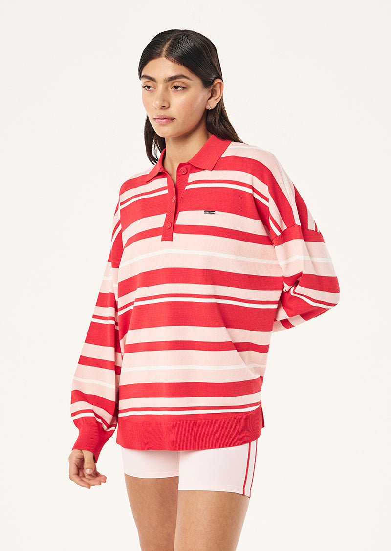 STRATA RUGBY KNIT IN STRAWBERRY STRIPE BY P.E NATION, WOMEN'S ATHLEISURE RUGBY SHIRTS