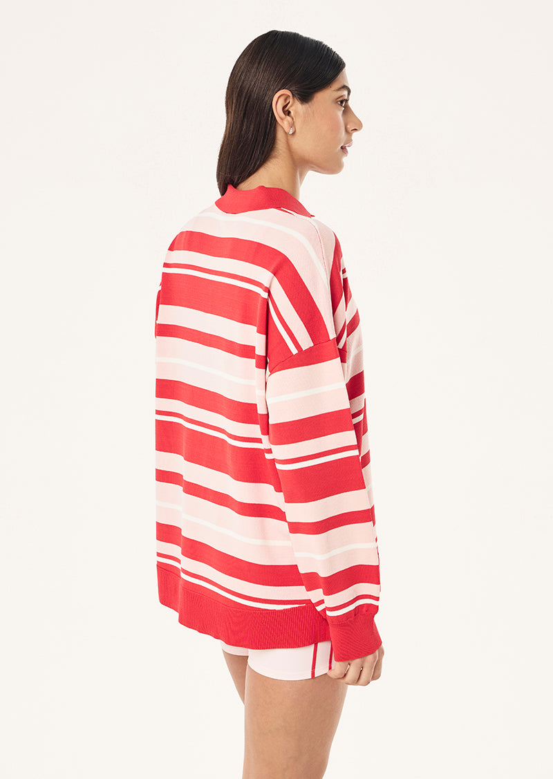 STRATA RUGBY KNIT IN STRAWBERRY STRIPE BY P.E NATION, WOMEN'S ATHLEISURE RUGBY SHIRTS