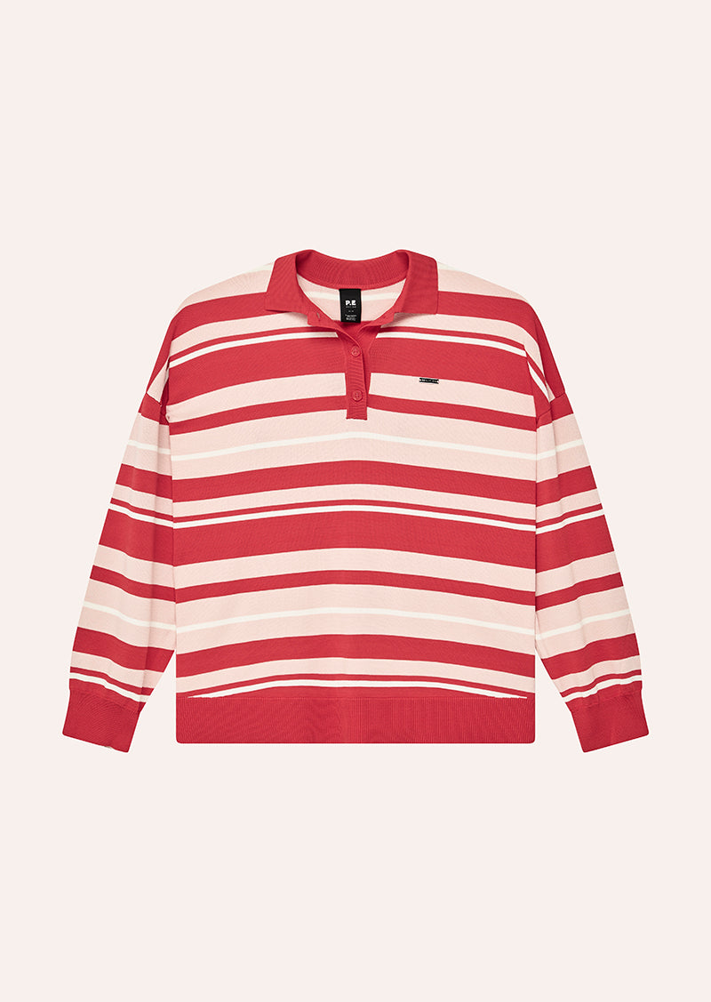 STRATA RUGBY KNIT IN STRAWBERRY STRIPE BY P.E NATION, WOMEN'S ATHLEISURE RUGBY SHIRTS