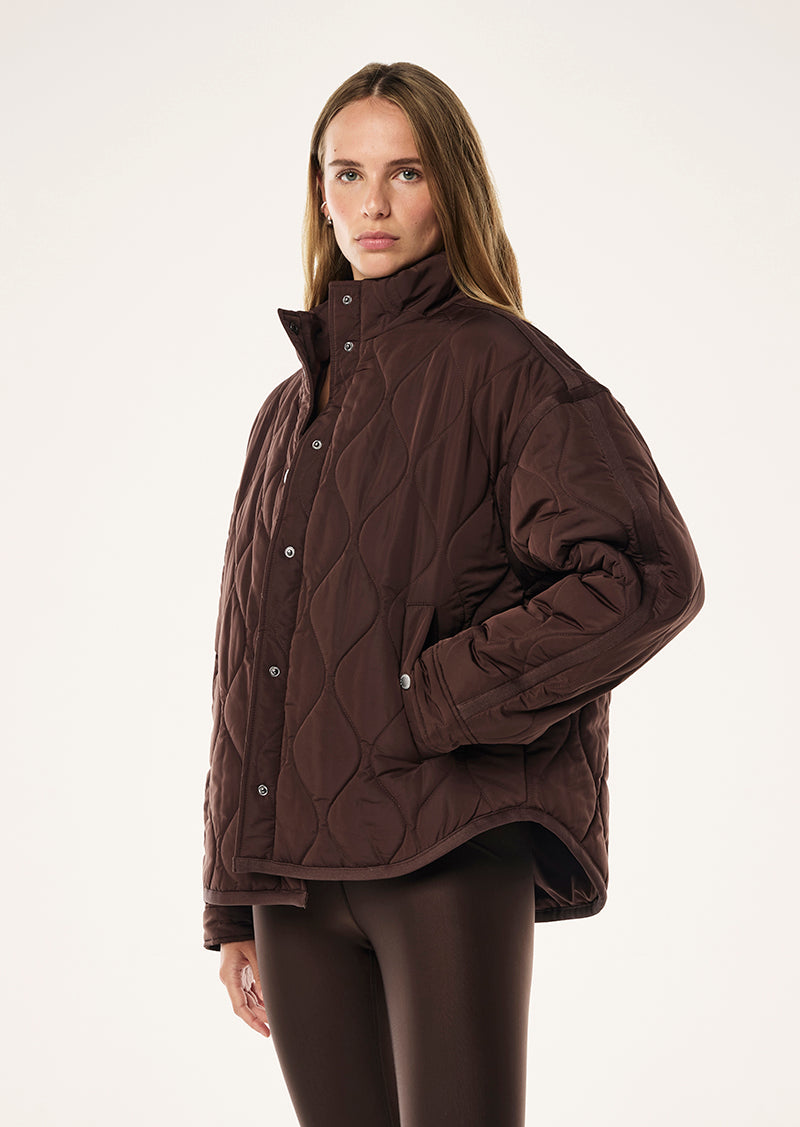 SURGE QUILT JACKET IN ESPRESSO BY P.E NATION, WOMENS OVERSIZED QUILTED JACKET BROWN