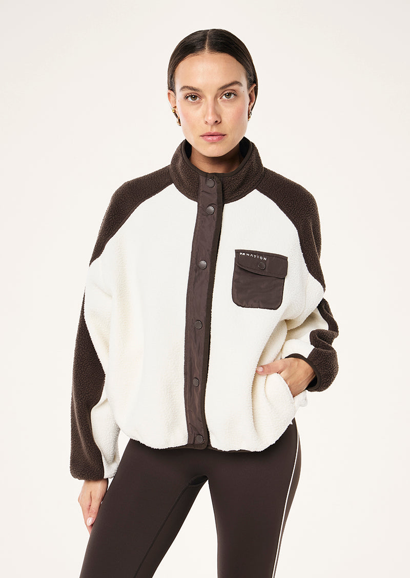 TAKEOVER JACKET IN COFFEE & WHISPER WHITE BY P.E NATION, WOMEN'S ATHLEISURE JACKETS