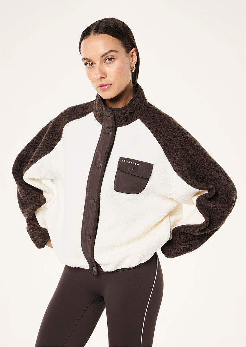TAKEOVER JACKET IN COFFEE & WHISPER WHITE BY P.E NATION, WOMEN'S ATHLEISURE JACKETS