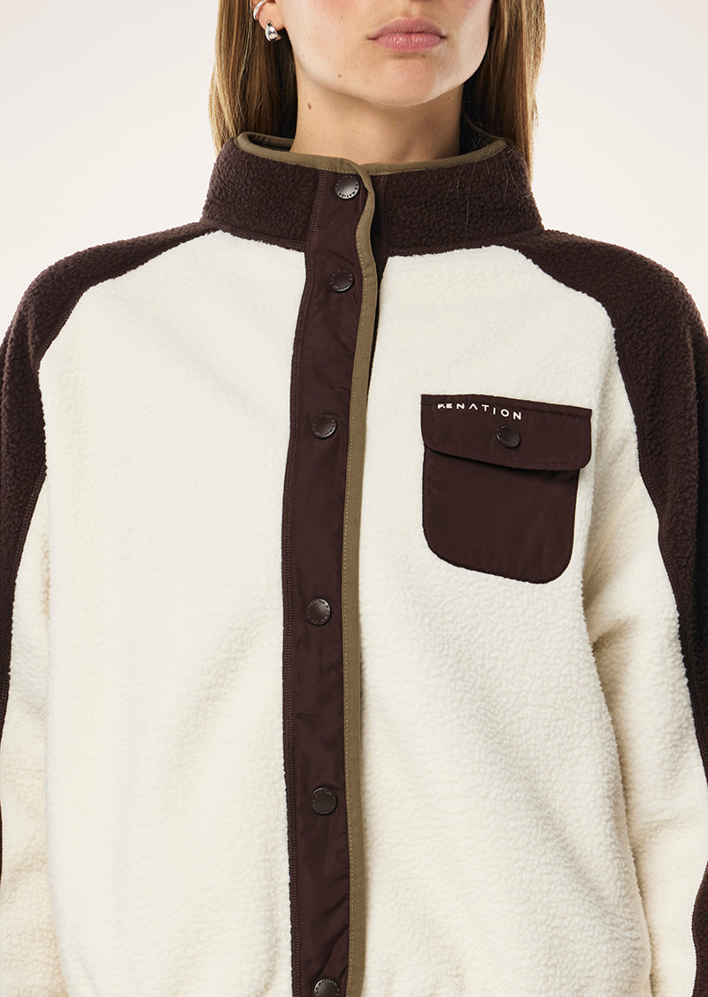 TAKEOVER JACKET IN WHISPER WHITE BY P.E NATION, WOMENS ATHLEISURE JACKET SHERPA CREAM