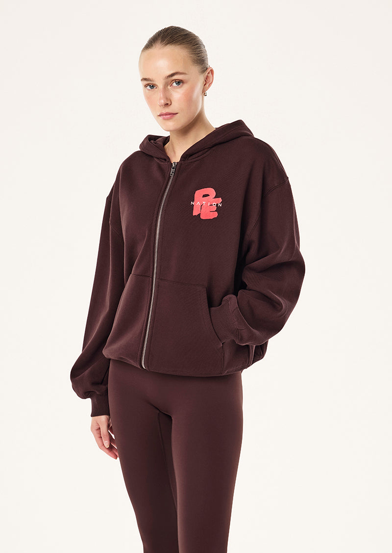 TIDAL ZIP THRU HOODIE IN DARK PLUM BY P.E NATION, WOMEN'S ATHLEISURE HOODIES