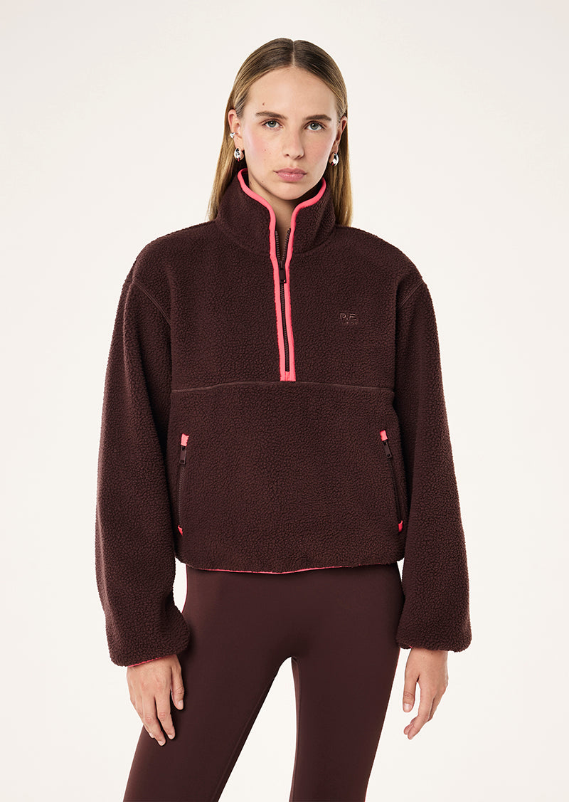 Verde Sherpa Quarter Zip in Mahogany & Diva Pink by P.E Nation, Women's Athleisure Quarter Zip Fleece