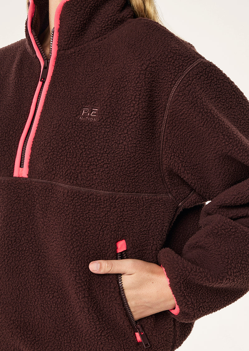 Verde Sherpa Quarter Zip in Mahogany & Diva Pink by P.E Nation, Women's Athleisure Quarter Zip Fleece