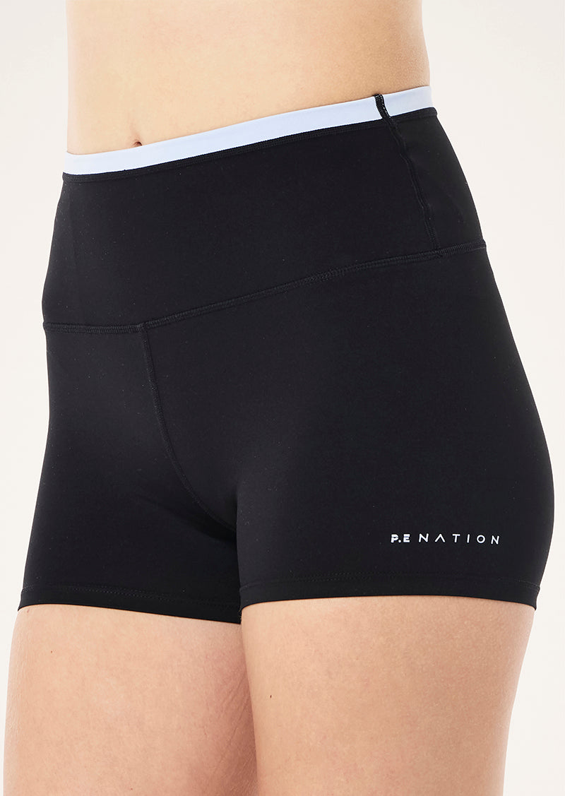 VITA 2.5" BIKE SHORT IN BLACK & HEATHER BLUE BY P.E NATION WOMENS ACTIVE BIKE SHORT BLACK & HEATHER BLUE