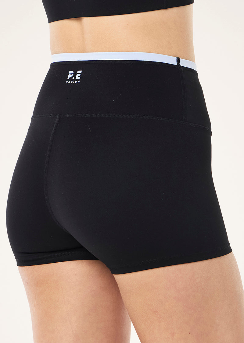 VITA 2.5" BIKE SHORT IN BLACK & HEATHER BLUE BY P.E NATION WOMENS ACTIVE BIKE SHORT BLACK & HEATHER BLUE