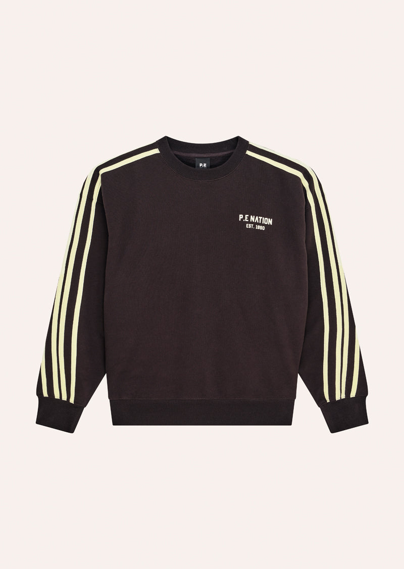 VOLTAGE OVERSIZED SEAT IN BLACK BEAN BY P.E NATION, WOMEN'S ATHLEISURE SWEATSHIRT