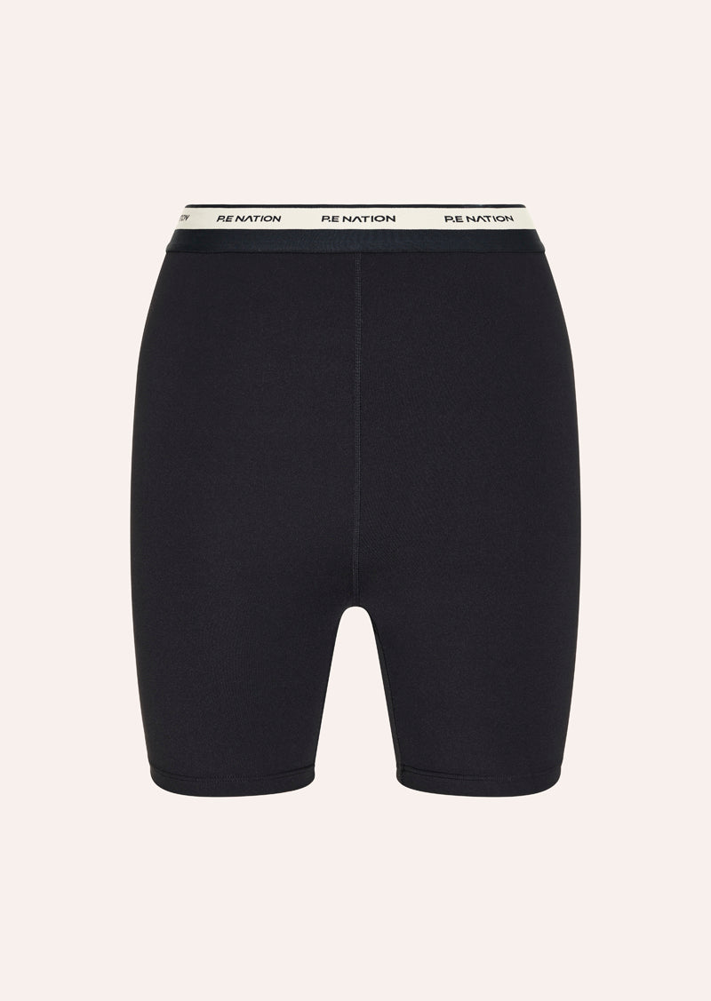 AVANT 5 INCH BIKE SHORT IN BLACK AND BISCUIT BY P.E NATION WOMENS ATHLEISURE BIKE SHORT
