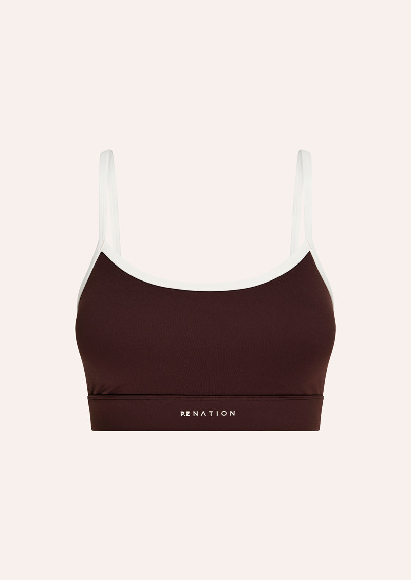 SIGNATURE SPORTS BRA IN MAHOGANY BY P.E NATION WOMENS ATHLEISURE SPORTS BRA