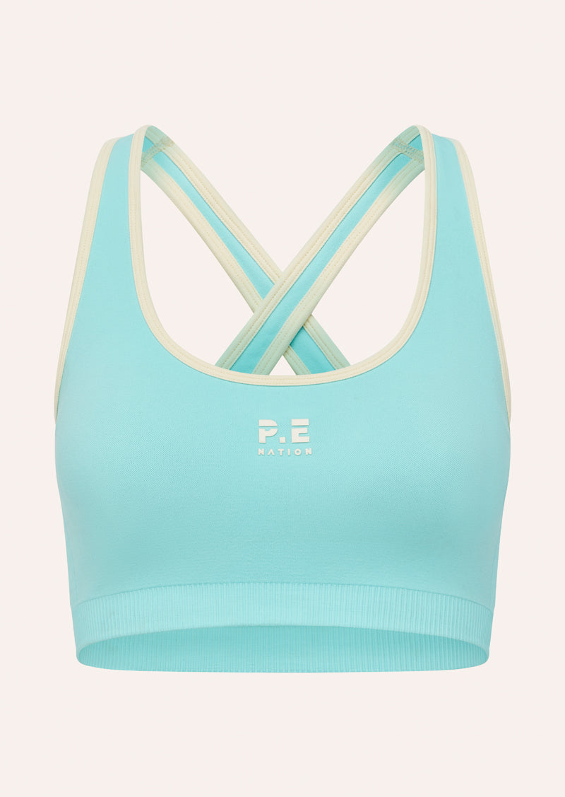 ADAPTION SEAMLESS SPORTS BRA IN AQUA AND WHISPER WHITE BY P.E NATION, WOMEN'S ATHLEISURE SPORTS BRA