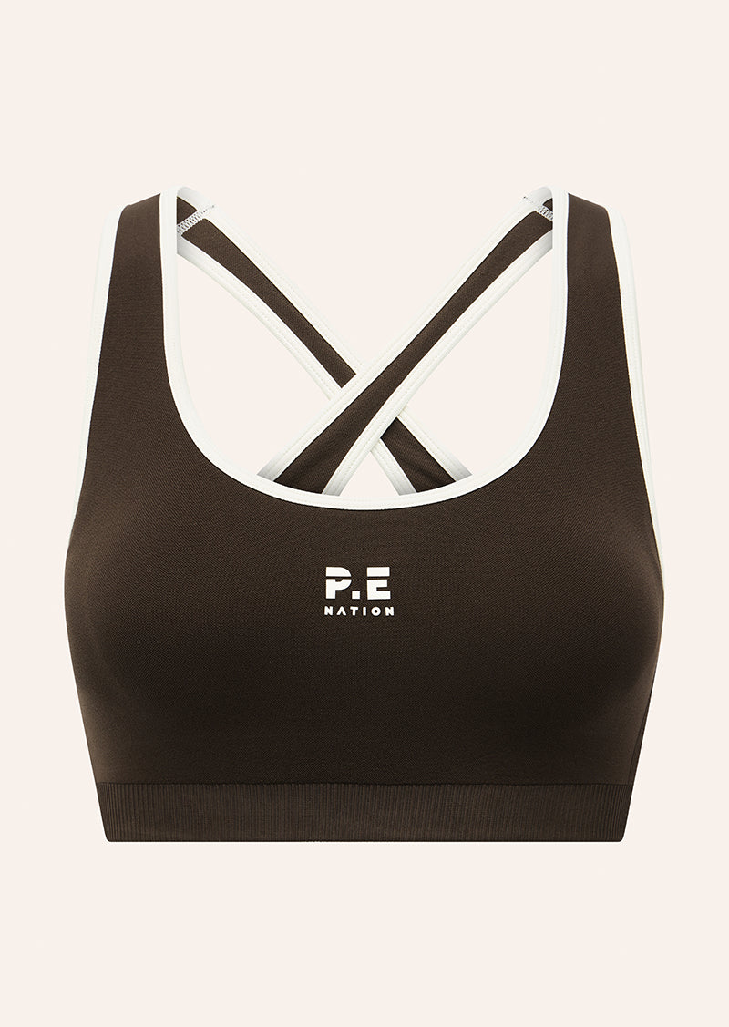 ADAPTION SEAMLESS SPORTS BRA IN COFFEE & WHISPER WHITE BY P.E NATION, WOMEN'S ATHLEISURE SPORTS BRA