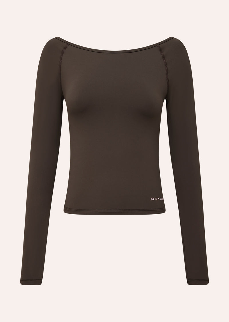 AURA LONG SLEEVE TOP IN ESPRESSO BY P.E NATION, WOMENS ATHLEISURE ACTIVE TOP BROWN