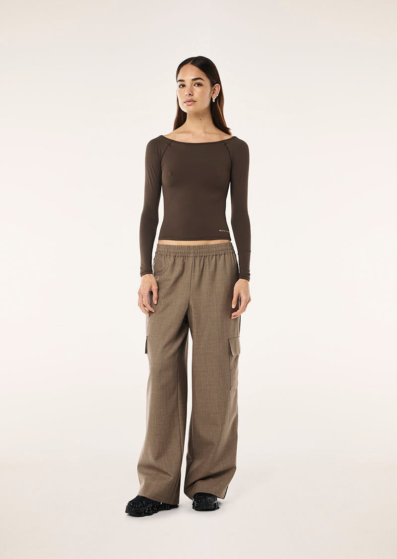 AURA LONG SLEEVE TOP IN ESPRESSO BY P.E NATION, WOMENS ATHLEISURE ACTIVE TOP BROWN