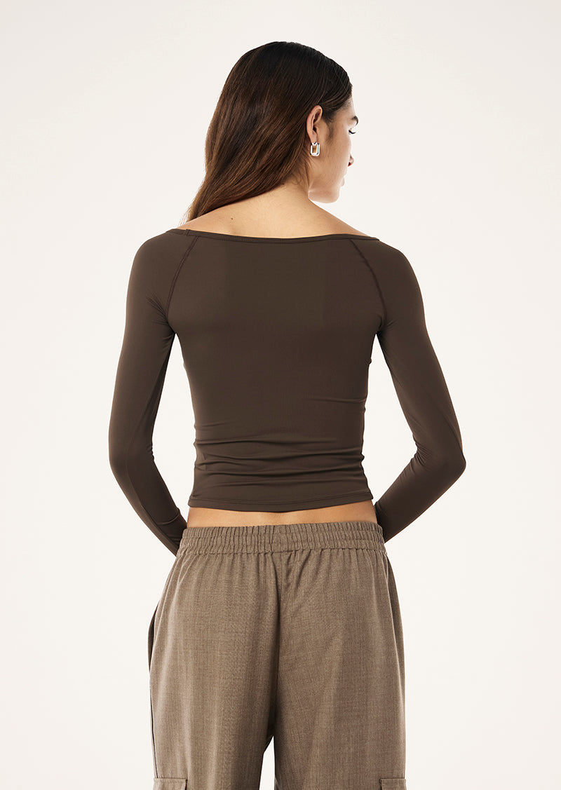 AURA LONG SLEEVE TOP IN ESPRESSO BY P.E NATION, WOMENS ATHLEISURE ACTIVE TOP BROWN