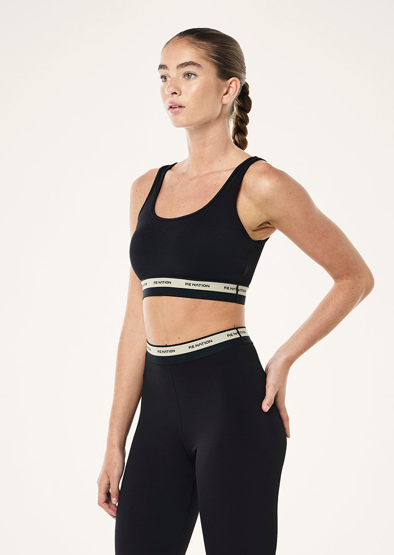 AVANT SCOOP SPORTS BRA IN BLACK AND BISCUIT BY P.E NATION WOMENS ATHLEISURE SPORTS BRA