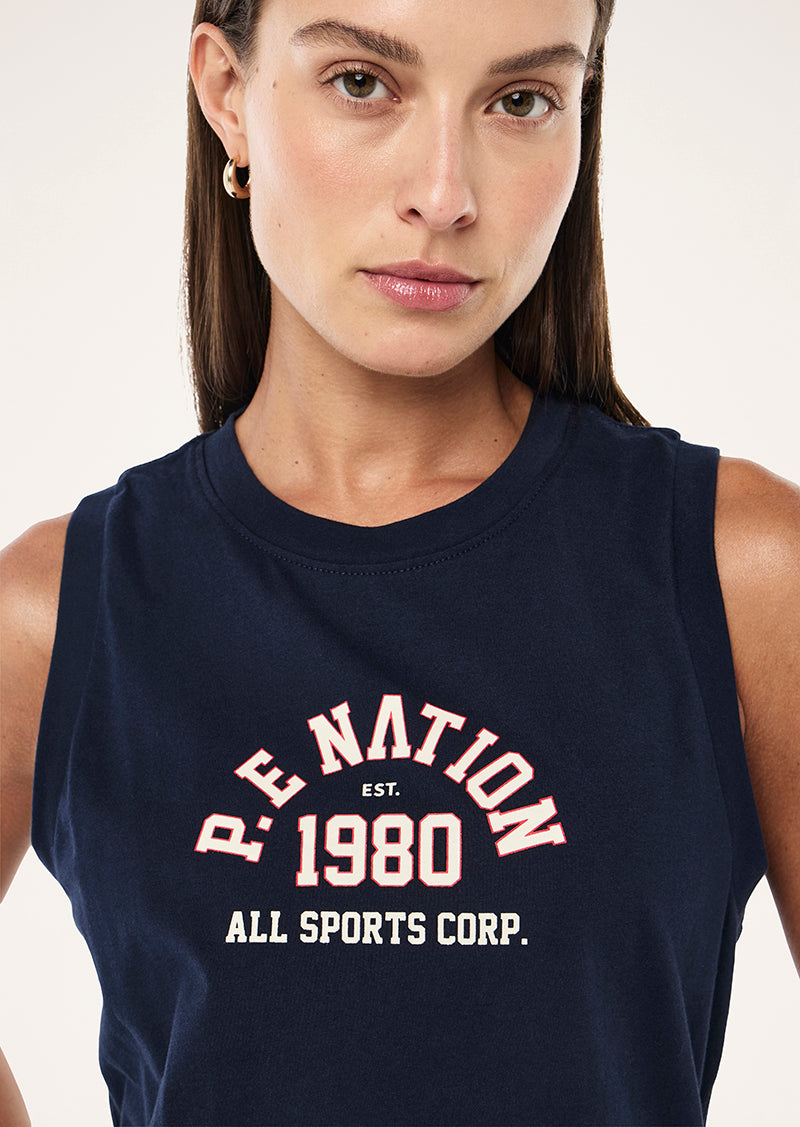 BACKSPIN TANK IN DARK NAVY BY P.E NATION, WOMEN'S ATHLEISURE TANKS
