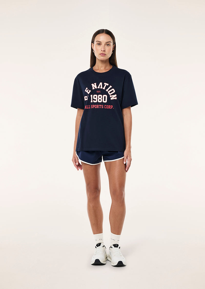 BAKSPIN TEE IN DARK NAVY BY P.E NATION, WOMEN'S ATHLEISURE TEES