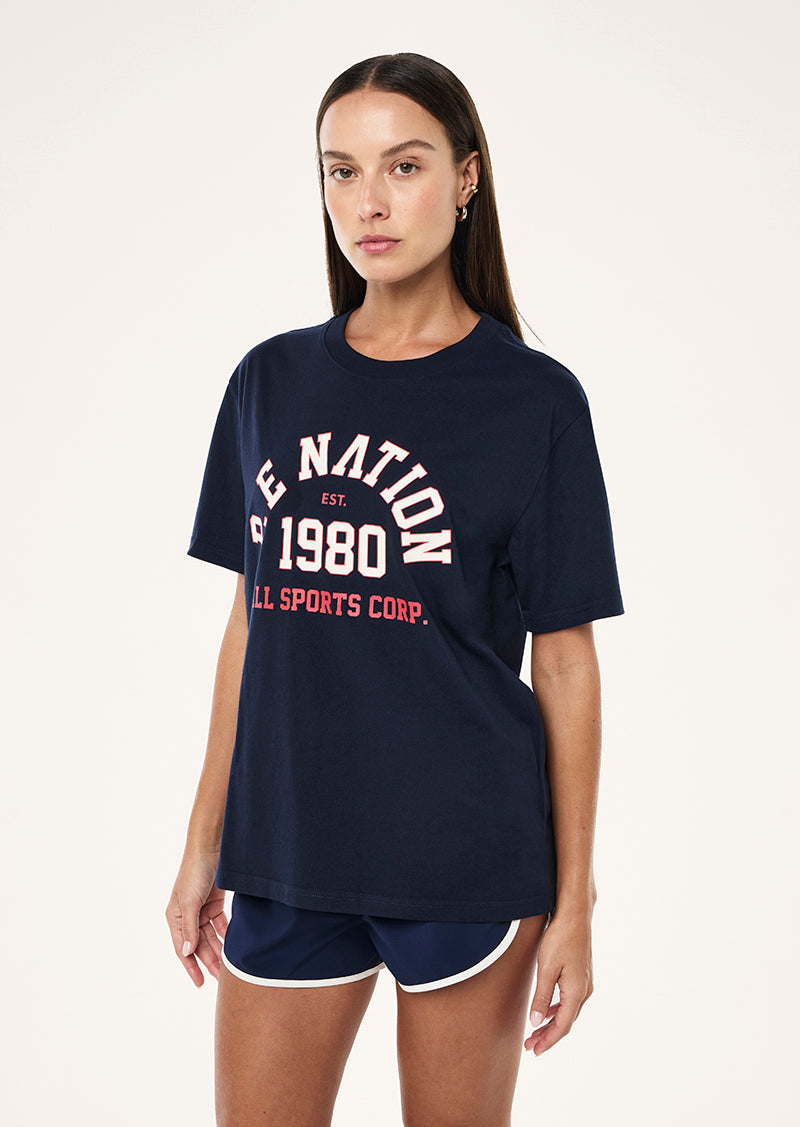 BAKSPIN TEE IN DARK NAVY BY P.E NATION, WOMEN'S ATHLEISURE TEES