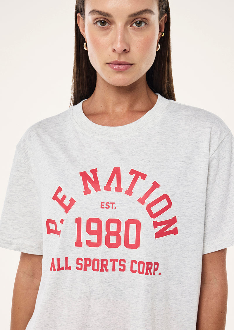 BACKSPIN TEE IN GREY MARLE & STRAWBERRY BY P.E NATION, WOMEN'S ATHLEISURE TEES