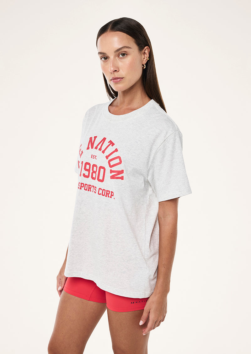 BACKSPIN TEE IN GREY MARLE & STRAWBERRY BY P.E NATION, WOMEN'S ATHLEISURE TEES