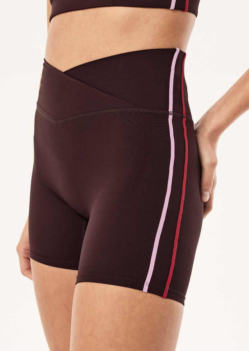CLARITY 5" BIKE SHORT IN DARK PLUM & STRAWBERRY BY P.E NATION, WOMEN'S ATHLEISURE BIKE SHORTS