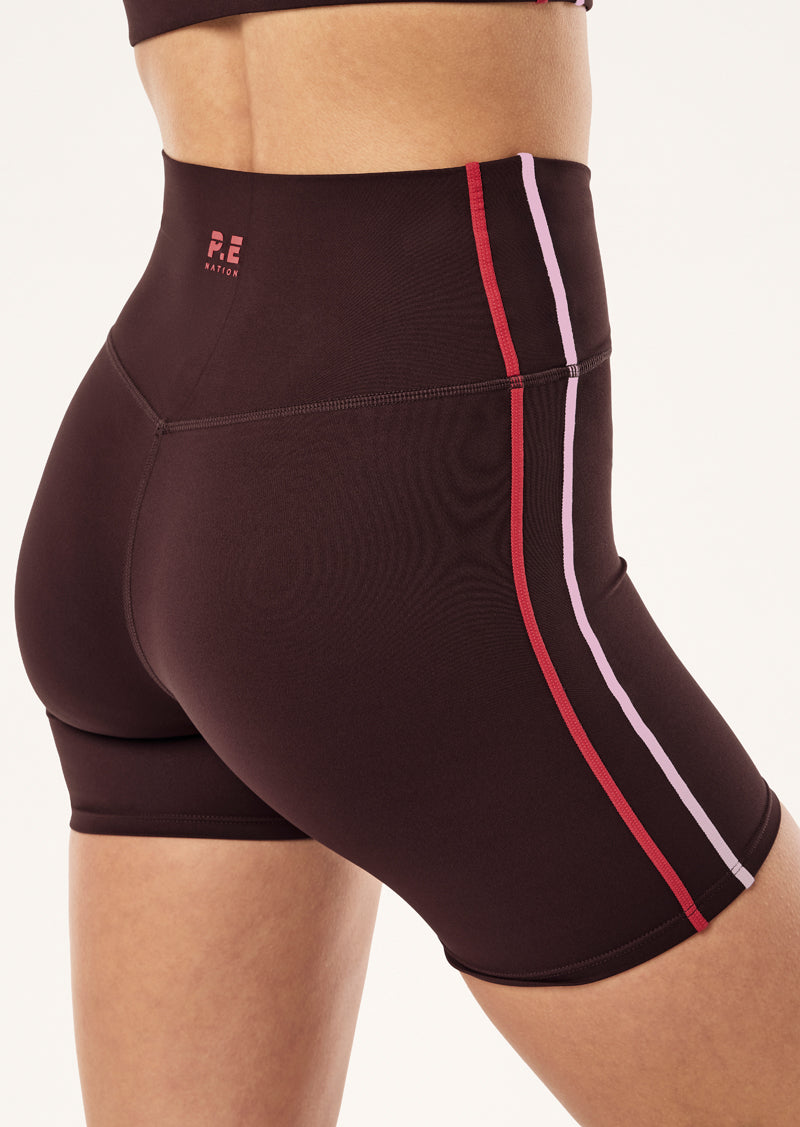 CLARITY 5" BIKE SHORT IN DARK PLUM & STRAWBERRY BY P.E NATION, WOMEN'S ATHLEISURE BIKE SHORTS