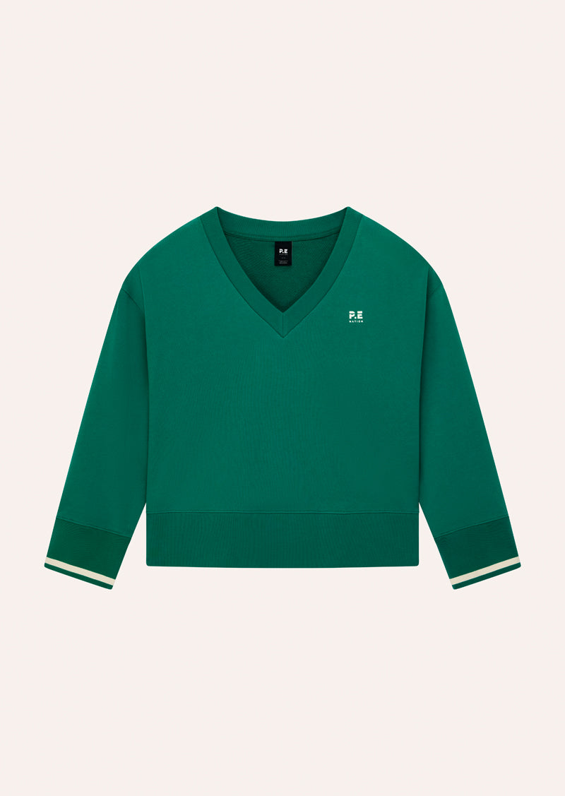 COURTSIDE V-NECK SWEAT IN COLLEGE GREEN BY P.E NATINO, WOMEN'S ATHLEISURE SWEATSHIRT