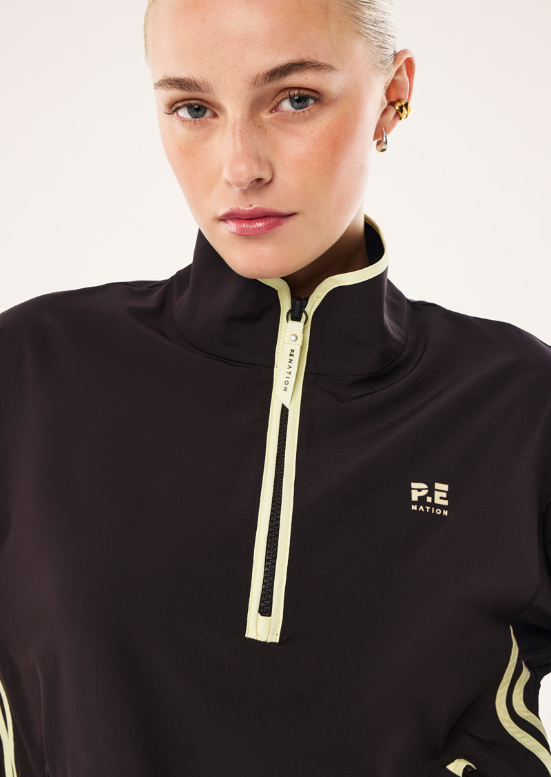 ECHO QUARTER ZIP IN BLACK BEAN BY P.E NATION, WOMEN'S QUARTER ZIP JACKET