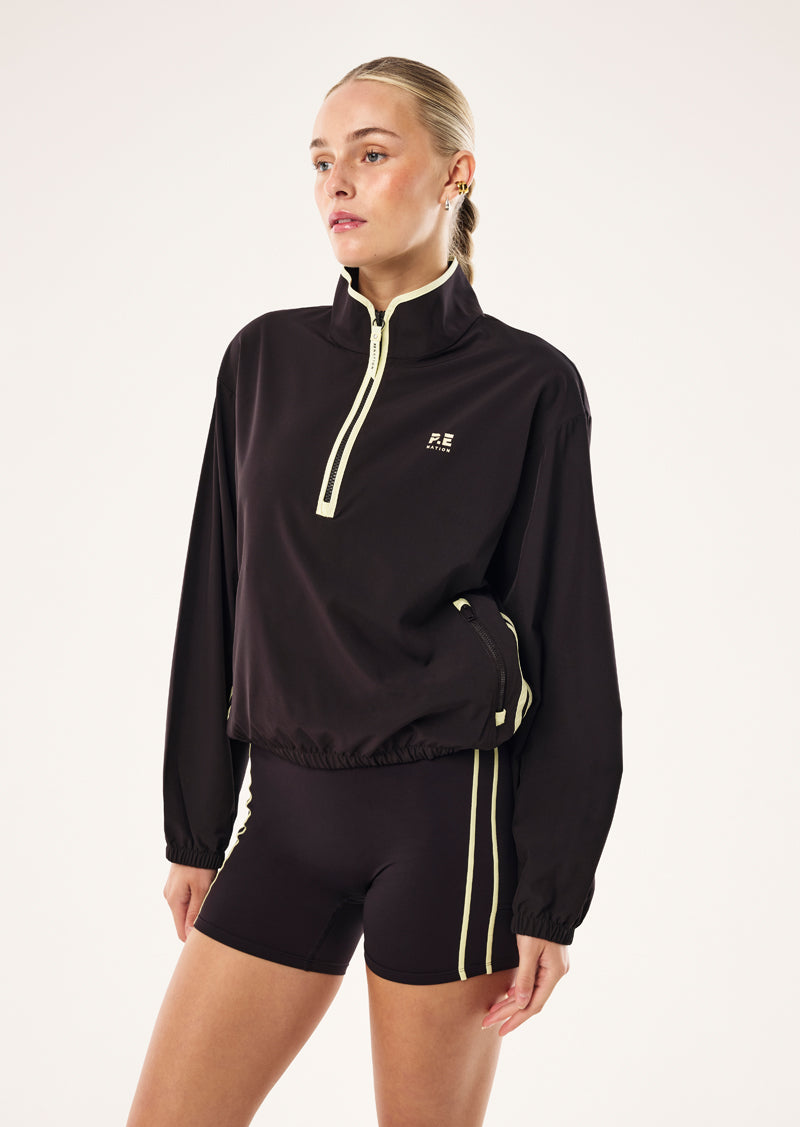 ECHO QUARTER ZIP IN BLACK BEAN BY P.E NATION, WOMEN'S QUARTER ZIP JACKET