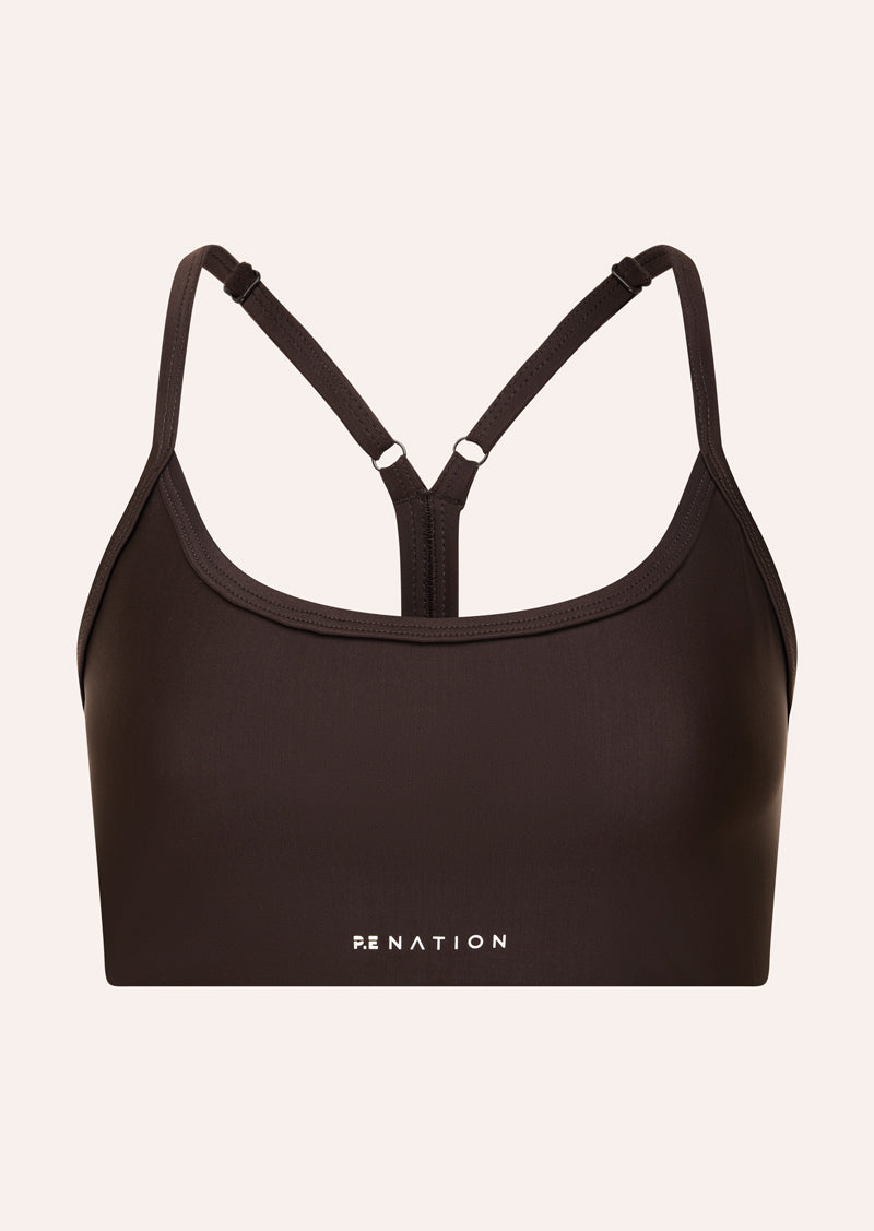 FAIRMONT SPORTS BRA IN ESPRESSO BY P.E NATION, WOMENS BROWN SPORTS BRA