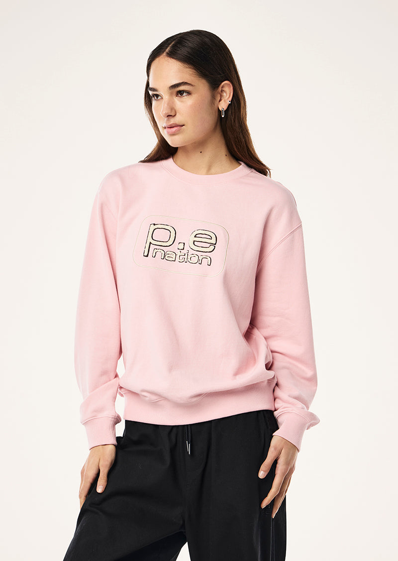 FLUX SWEAT IN CHALK PINK BY P.E NATION, WOMENS ATHLEISURE GRAPHIC SWEATSHIRT PINK