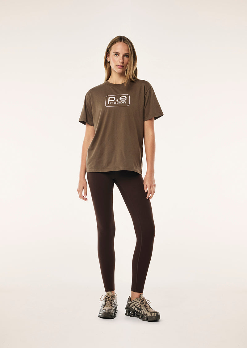 FLUX TEE IN WALNUT BY P.E NATION, WOMENS ATHLEISURE TEE BROWN