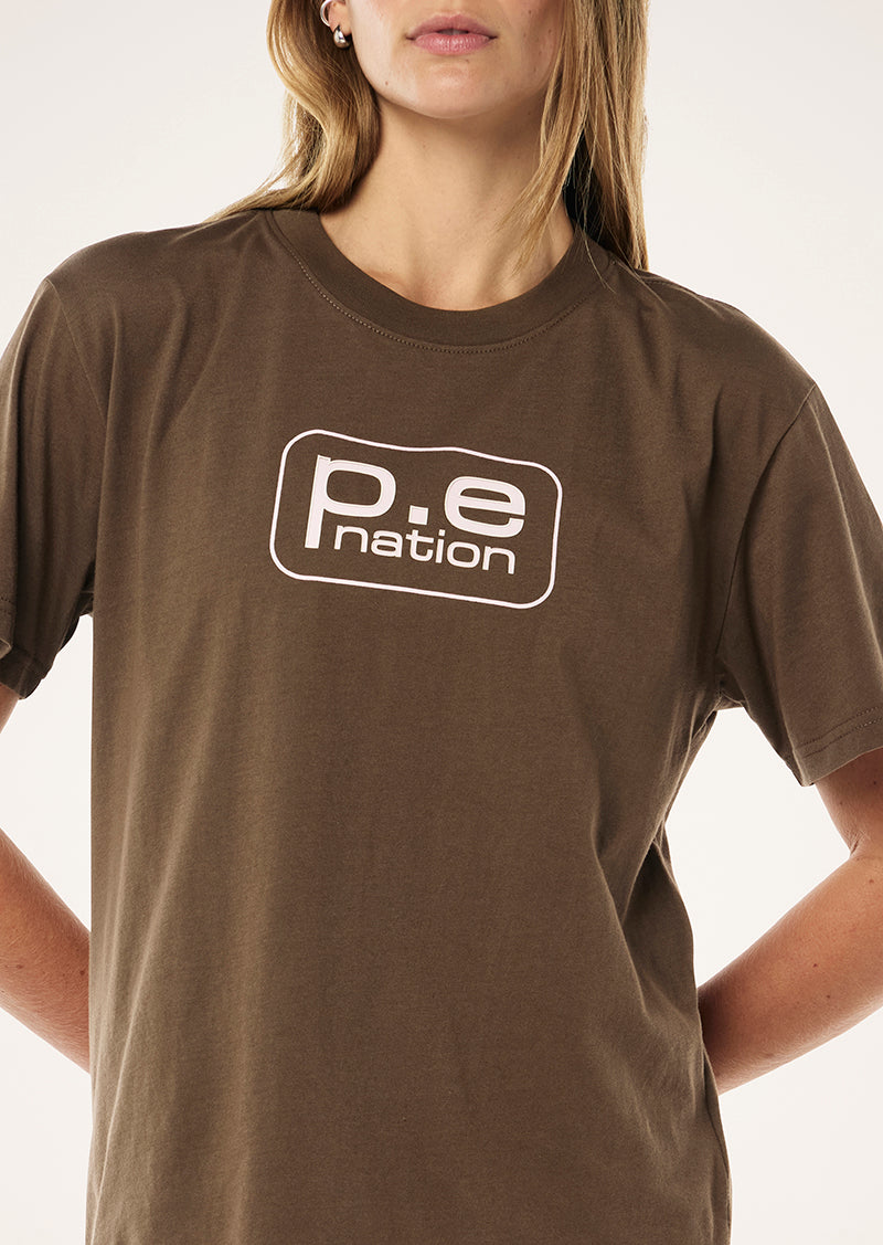 FLUX TEE IN WALNUT BY P.E NATION, WOMENS ATHLEISURE TEE BROWN