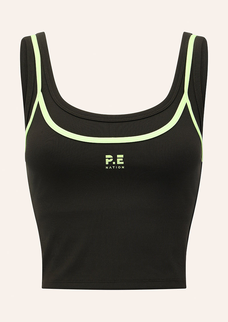 FORWARD TANK IN CAVIAR AND WASHED LIME BY P.E NATION, WOMEN'S ATHLEISURE TANK TOPS