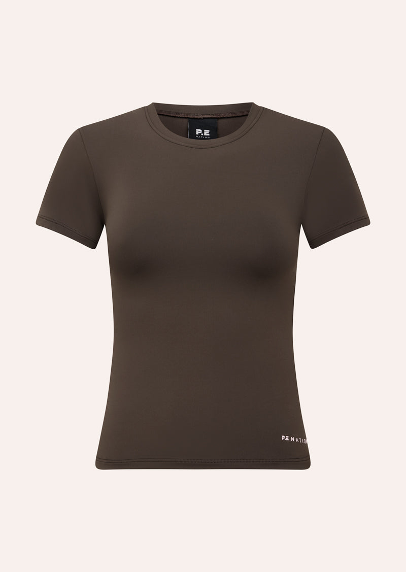 FOUNDATION SHORT SLEEVE TEE IN ESPRESSO BY P.E NATION, WOMENS ATHLESIURE TEE BROWN