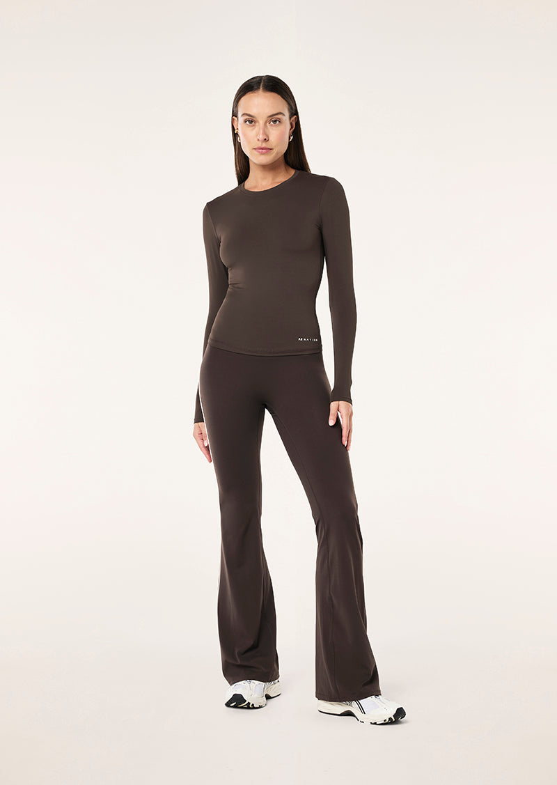FOUNDATION LONG SLEEVE TOP IN COFFEE BY P.E NATION, WOMEN'S ATHLEISURE LONG SLEEVE TOPS