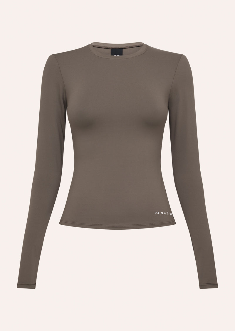 FOUNDATION LONG SLEEVE TOPS IN MAJOR BROWN BY P.E NATION, WOMEN'S ATHLEISURE LONG SLEEVE TOPS